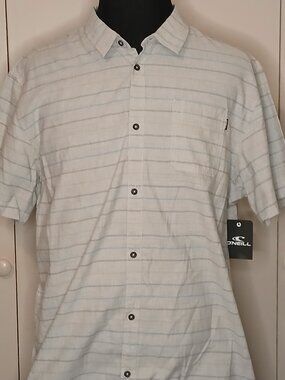 New O'Neill Men's XXL Cotton Gray Blue Stripe Short Sleeve Shirt (1038C4)